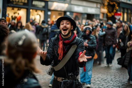 Young man singing on a street in Paris, France. 