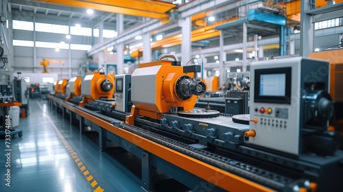 CNC machine in factory, huge production workshop. Generative AI. photo