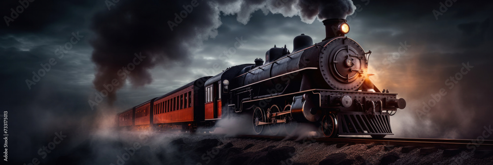 A vintage steam powered railway train in smoke. Steam locomotive with wagon drives in steam and smoke. - obrazy, fototapety, plakaty 