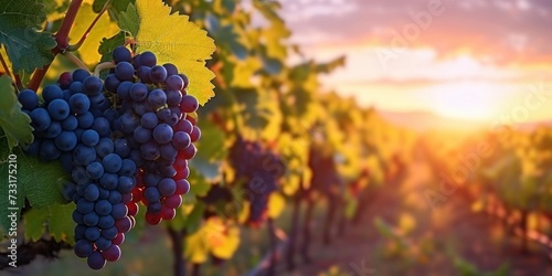 Black grape on vineyards background, winery at sunset, panoramic view banner. Generative AI 