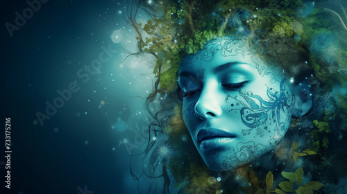 A beautiful woman depicting mother nature, blue avatar, henna on her face, ethereal. Sustainability and environment. Net zero, carbon neutral. Spiritual.
