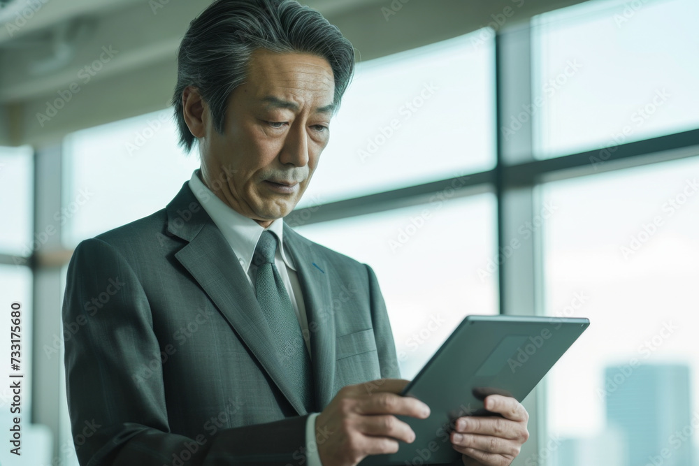 Mature businessman using digital tablet in office. Asian business man using digital tablet. Mature businessman using digital tablet in office. Asian business man using digital tablet.