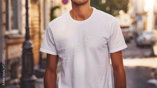 Young Model Shirt Mockup, man wearing white t-shirt on street in daylight, Shirt Mockup Template on hipster adult for design print, Male guy wearing casual t-shirt mockup placement