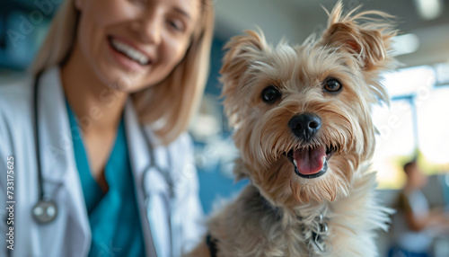 Dog and female vet in examination room. Health insurance for dogs, dog health check-up, dog vaccination, dog surgery. Pet health insurance. Veterinary costs and pet health care. Veterinary check-up.