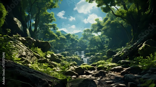 A top view of a lush green forest with sunlight streaming through the gaps in the canopy  and fluffy white clouds floating in the blue sky above  creating a tranquil and idyllic scene