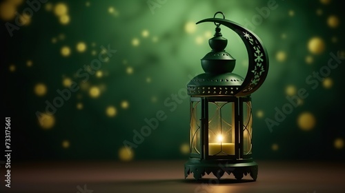 Green Islamic lantern with crescent moon light on a dark green background. Ramadan Kareem concept for wallpaper and banner backdrop.