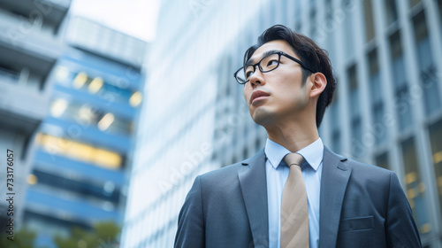 Portrait of young asian businessman looking away in business district with building in background 