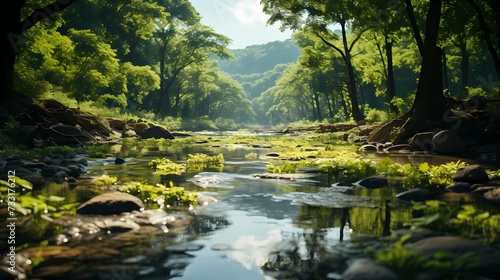 A top view of a lush green forest with sunlight streaming through the gaps in the canopy  and fluffy white clouds floating in the blue sky above  creating a tranquil and idyllic scene