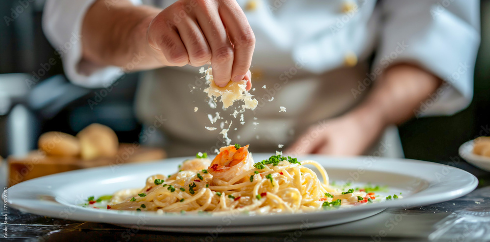 Chef Perfecting Plate of Garlic Butter Prawn Pasta with Parmesan Sprinkles
