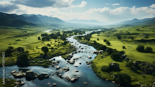 A top view of a meandering river winding through lush greenery, with puffy white clouds floating in the blue sky above, showcasing the beauty of nature's landscapes