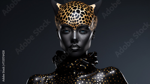 Fashion portrait of a cat girl in a leopard print suit with blue eyes in front closeup on a black background.