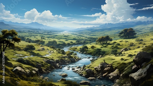 A top view of a meandering river winding through lush greenery, with puffy white clouds floating in the blue sky above, showcasing the beauty of nature's landscapes