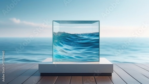 glass podium, a box filled with water on a wooden surface against a background of blue sky and sea. A pedestal for advertising products.