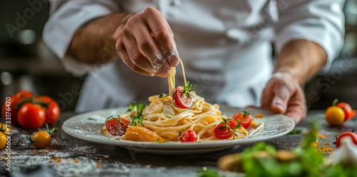 Chef Perfecting a Plate of Italian Pasta with Fresh Vegetables 