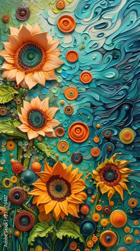 Abstract Sunflower Field in Artistic Style. An abstract portrayal of a sunflower field with vivid details.