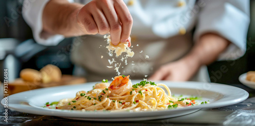 Chef Perfecting Plate of Garlic Butter Prawn Pasta with Parmesan Sprinkles 