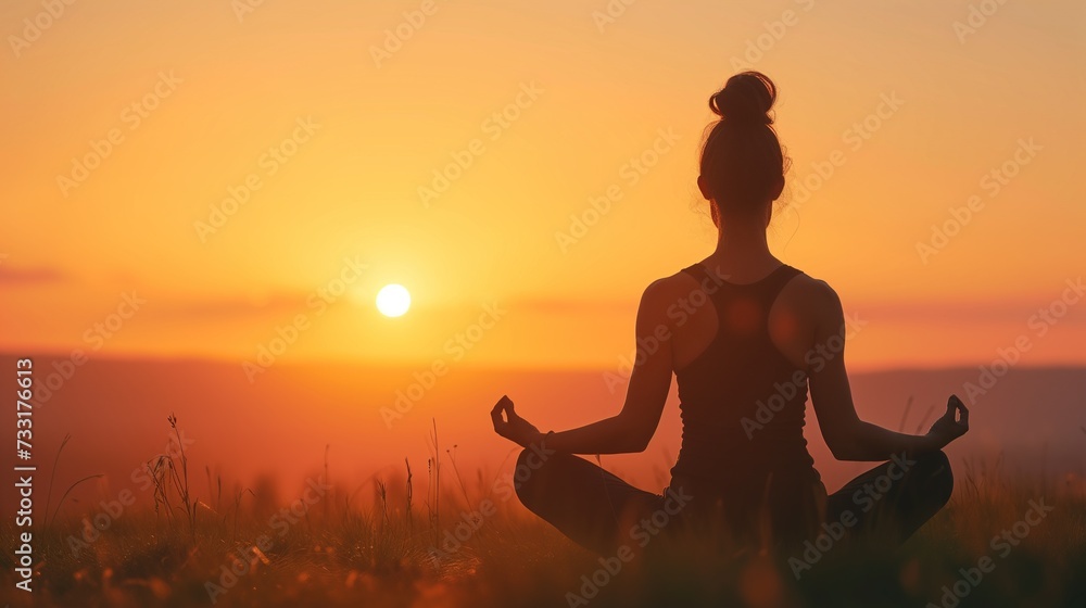 Woman Practicing Yoga Meditation at Sunrise in Nature