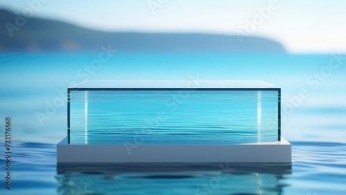 A glass square and rectangular podium on the water. Side view. A pedestal for advertising goods  cosmetics  and jewelry.