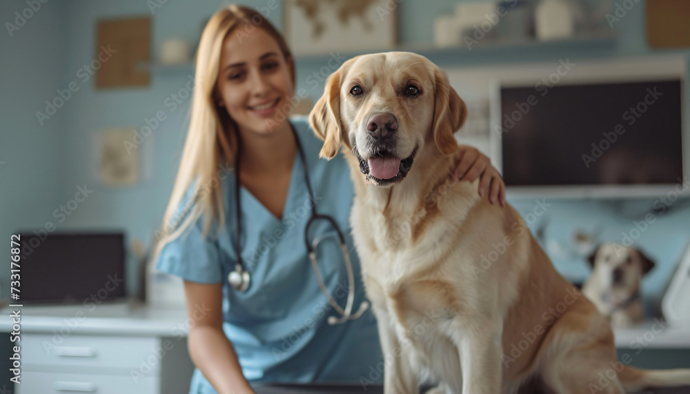 Dog and female vet in examination room. Health insurance for dogs, dog health check-up, dog vaccination, dog surgery. Pet health insurance. Veterinary costs and pet health care. Veterinary check-up. Dog and female vet in examination room. Health insurance for dogs, dog health check-up, dog vaccination, dog surgery. Pet health insurance. Veterinary costs and pet health care. Veterinary check-up.