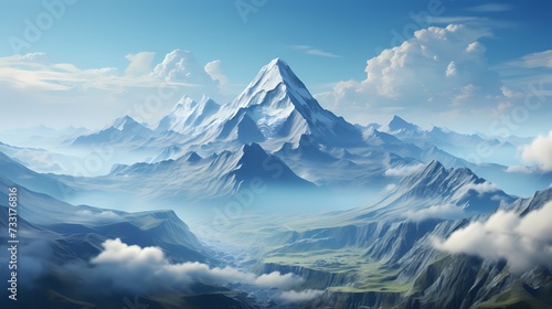 A top view of a mountain peak peeking through a sea of clouds against a serene blue sky  showcasing the majesty of nature