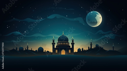 Illustration of Islamic mosque with dome and minarets at night. Eid Mubarak, Eid Al-Fitr and Ramadan Kareem concept background. © Alpa