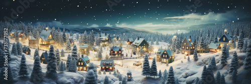 Aerial view of Fairy tale Christmas village with Snow in vintage style at night. Magic Winter village landscape with Christmas tree with lights. Christmas Holidays.