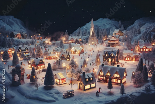 Aerial view of Fairy tale Christmas village with Snow in vintage style at night. Magic Winter village landscape with Christmas tree with lights. Christmas Holidays.