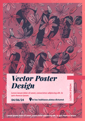 Diseño de poster primaveral, motivos florales vintage. Ilustración vectorial de flores de gamona. Recurso grafico, plantilla para poster, cartel, tarjetas de felicitación