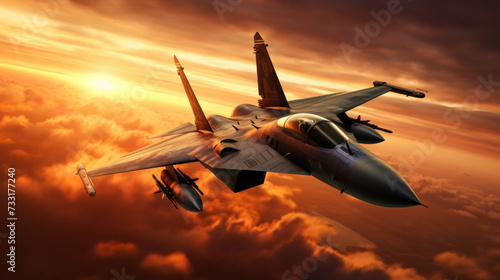 Air combat. Combat fighter jet on a military mission with weapons - rockets, bombs, weapons on wings.