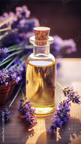 An essential aromatic oil and lavender flowers  Relax  Sleep Concept.