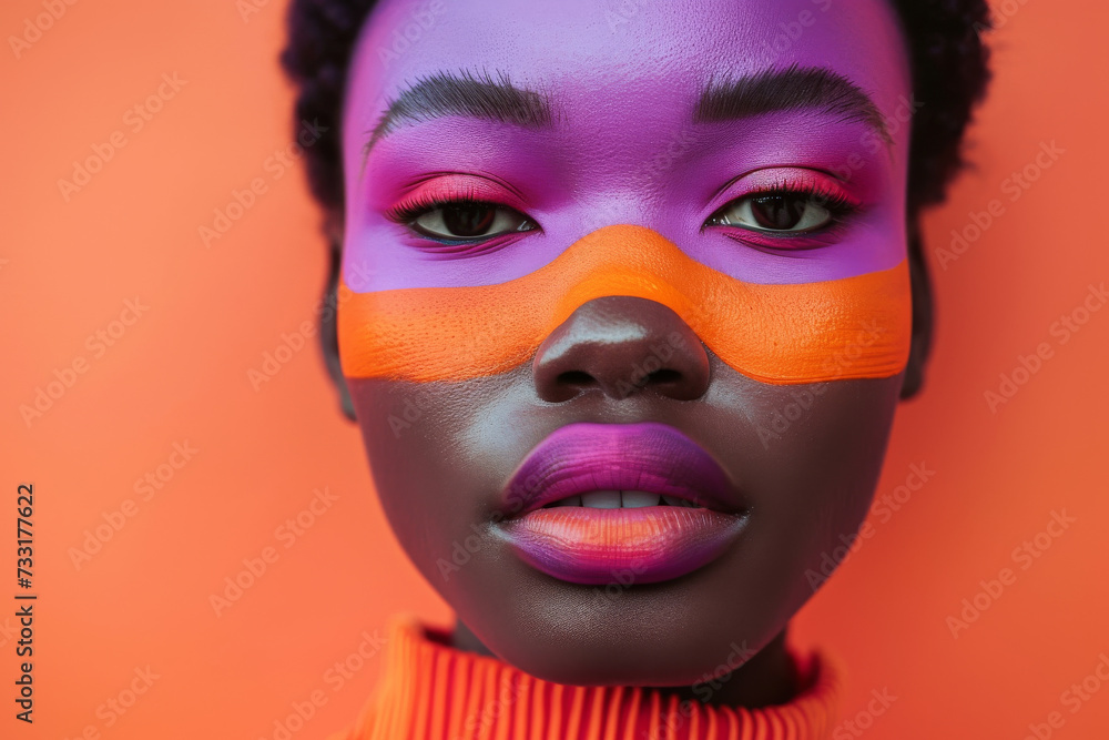African Beauty in Vivid Makeup.
Close-up of an African woman with bold makeup and colors. African Beauty in Vivid Makeup.
Close-up of an African woman with bold makeup and colors.