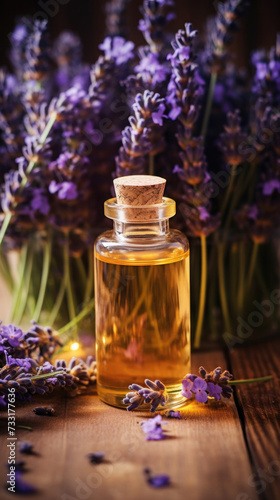 An essential aromatic oil and lavender flowers  Relax  Sleep Concept.