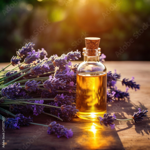 An essential aromatic oil and lavender flowers  Relax  Sleep Concept.