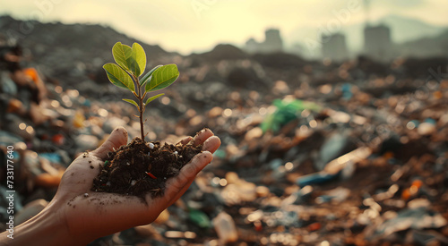 One human hand holds a small tree sapling. Background of city ruins with mountains of garbage.