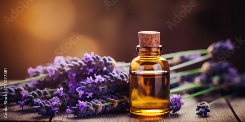 An essential aromatic oil and lavender flowers  Relax  Sleep Concept.
