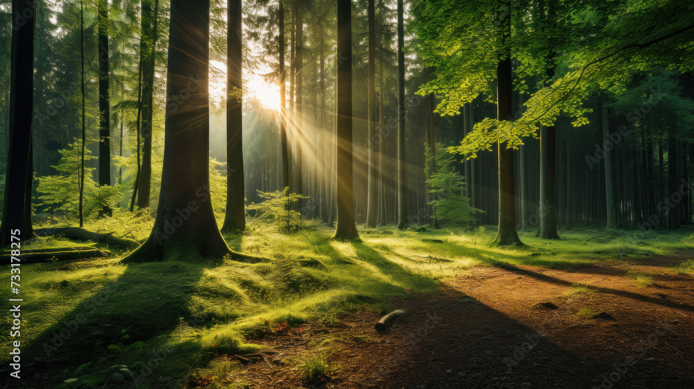Obraz premium Beautiful forest with bright sun shining through the trees. Scenic forest of trees framed by leaves, with the sunrise casting its warm rays through the foliage.