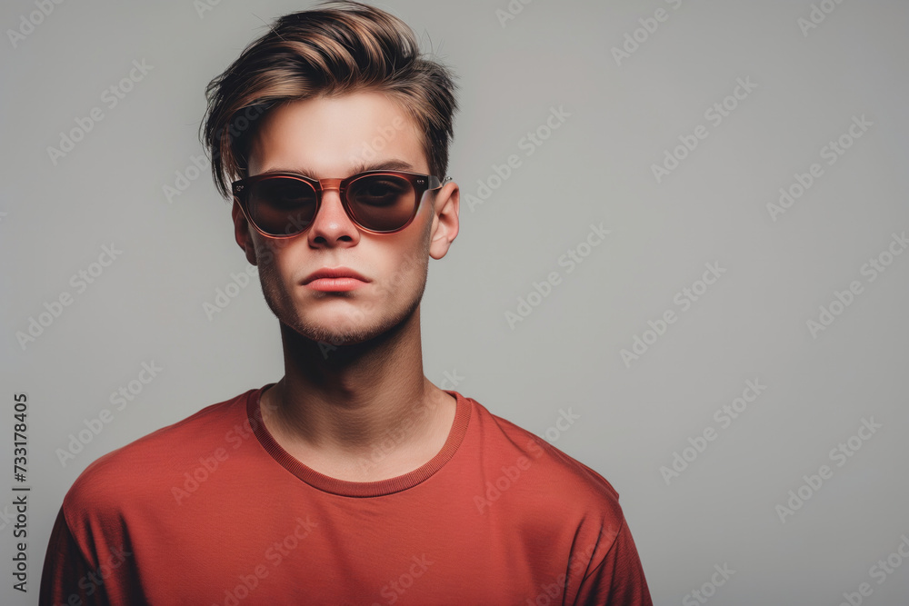 Portrait of a young man wearing glasses on grey background. Isolated on grey studio background millennial guy looking at camera, posing for photo head shot. Portrait of a young man wearing glasses on grey background. Isolated on grey studio background millennial guy looking at camera, posing for photo head shot.