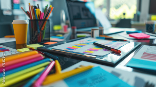 Close-up of a creative brainstorming toolkit, showcasing tablets, sketchpads, and colorful markers on a bright, organized workspace, symbolizing teamwork and idea generation.