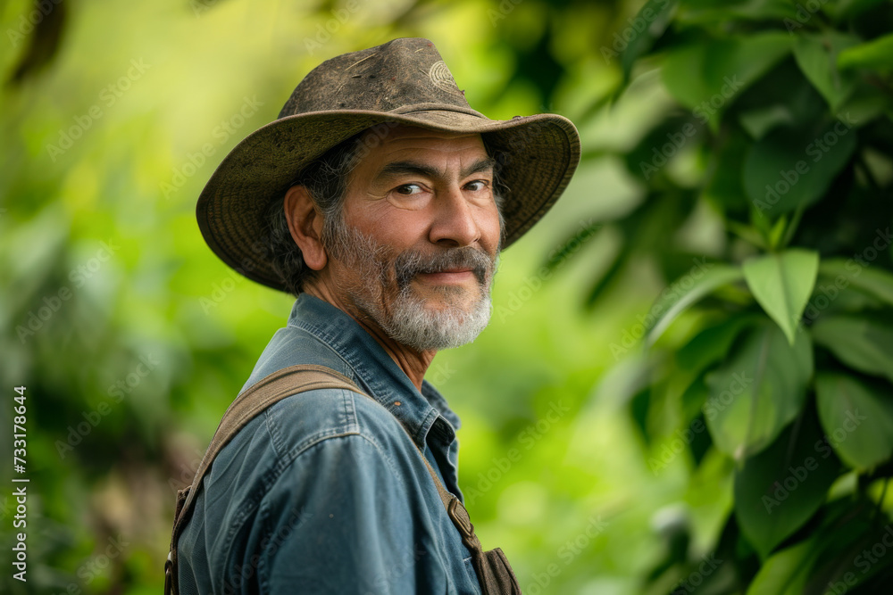 Portrait of a senior man standing in the garden with a hat