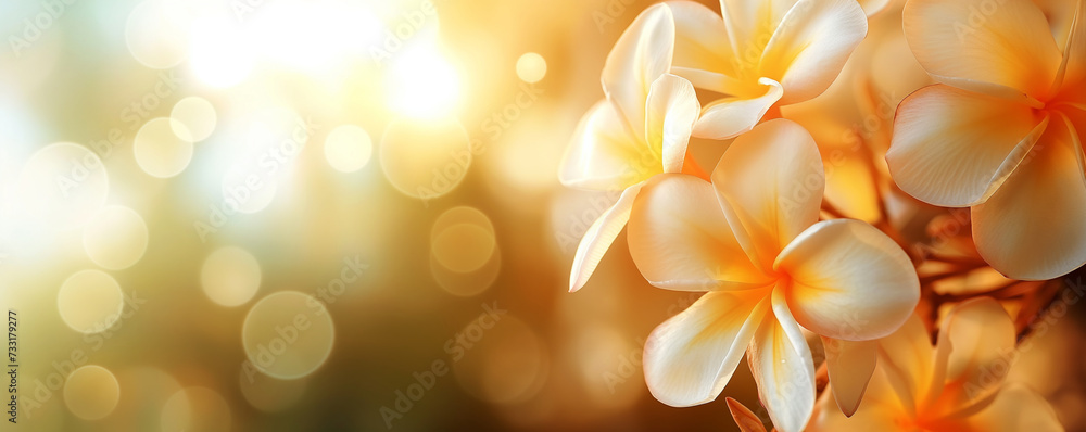 Plumeria or frangipani in spring with sun ray and flare and bokeh, flower background Plumeria or frangipani in spring with sun ray and flare and bokeh, flower background