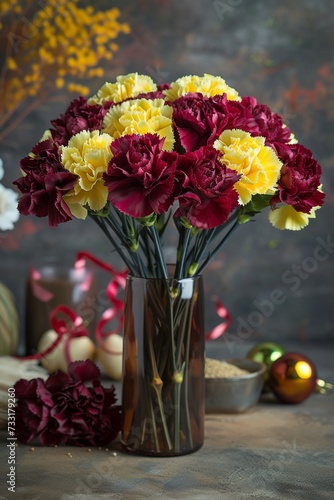lifelike shot of a bouquet of carnations in bright burgundy and yellow