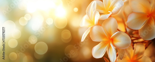 Plumeria or frangipani in spring with sun ray and flare and bokeh, flower background © Jusmin