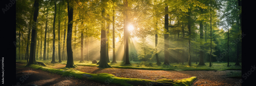Beautiful forest with bright sun shining through the trees. Scenic forest of trees framed by leaves, with the sunrise casting its warm rays through the foliage. Beautiful forest with bright sun shining through the trees. Scenic forest of trees framed by leaves, with the sunrise casting its warm rays through the foliage.