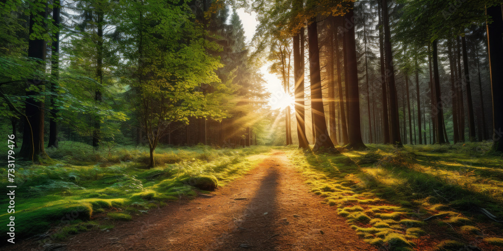 Naklejka premium Beautiful forest with bright sun shining through the trees. Scenic forest of trees framed by leaves, with the sunrise casting its warm rays through the foliage.