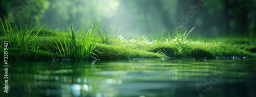 Close up of Green Grass with dew drops in the forest with lake
