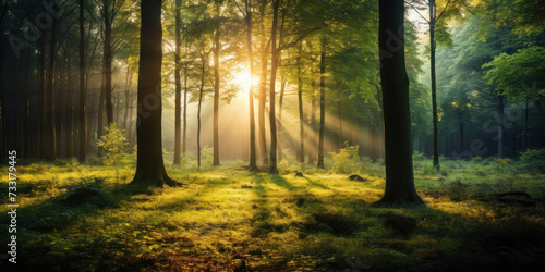 Beautiful forest with bright sun shining through the trees. Scenic forest of trees framed by leaves  with the sunrise casting its warm rays through the foliage.