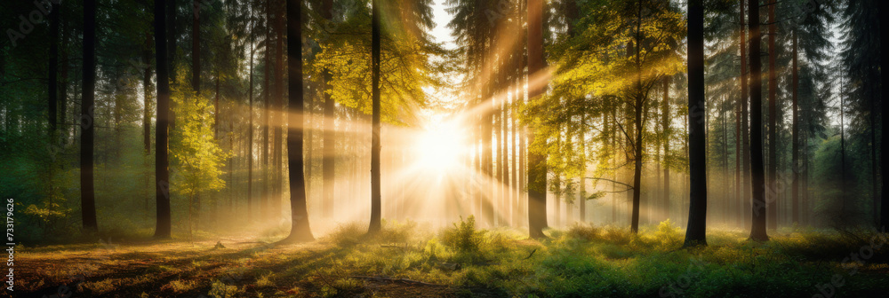 Beautiful forest with bright sun shining through the trees. Scenic forest of trees framed by leaves, with the sunrise casting its warm rays through the foliage. Beautiful forest with bright sun shining through the trees. Scenic forest of trees framed by leaves, with the sunrise casting its warm rays through the foliage.