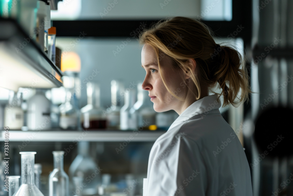 Side view of female scientist in lab coat looking at test tubes in chemical laboratory
Side view of female scientist in lab coat looking at test tubes in chemical laboratory