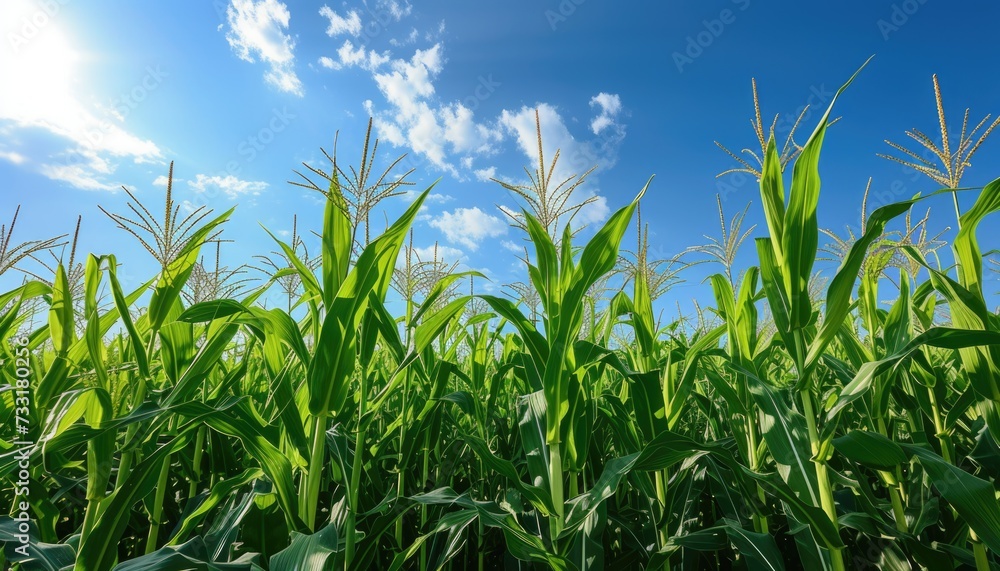 organic corn or maize field with blue sky background at agriculture farm. organic corn or maize field with blue sky background at agriculture farm.
