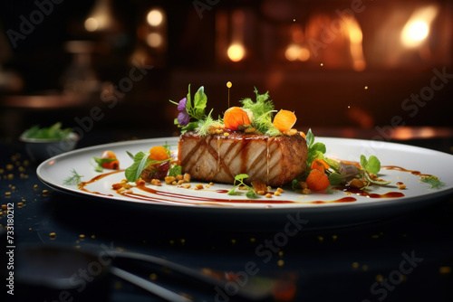 Chef to table, finely decorated delicious restaurant dish. Haute Cuisine Food.